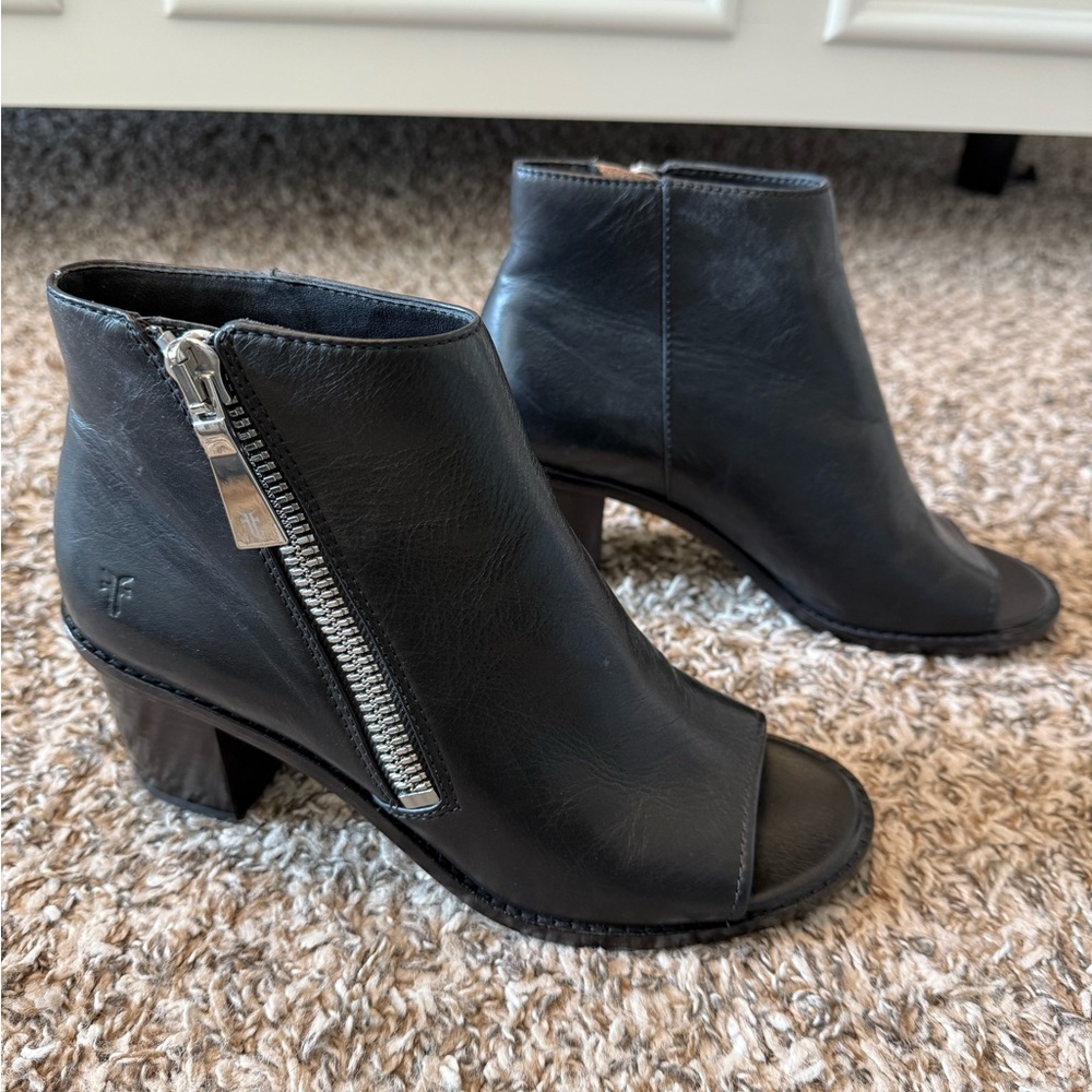 Frye Black Leather Open Toe Ankle Boots